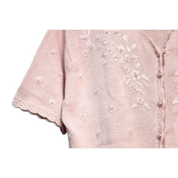 Vintage Cardigan Sweater Size L. Pink Embroidered Beaded Floral Knit - Picture 3 of 13